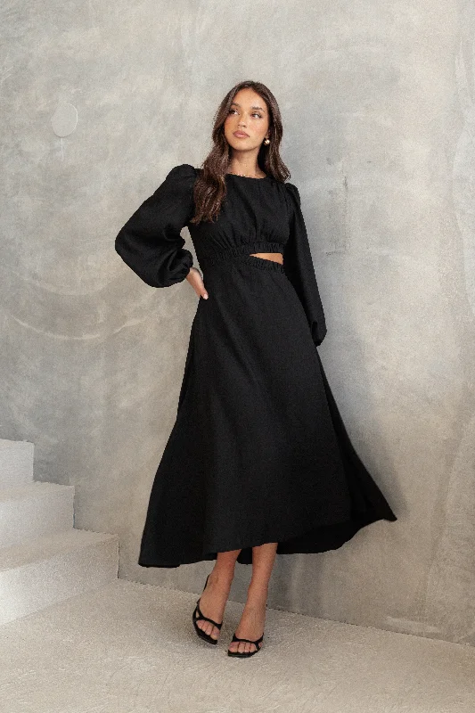 Ginnee Puff Sleeve Cutout Midi Dress - Black