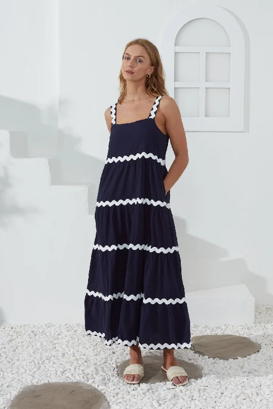 Kalliope Navy White Ric Rac Tiered Maxi Dress