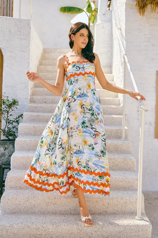 Malibu Orange Blue Tropical Ric Rac Tiered Maxi Dress