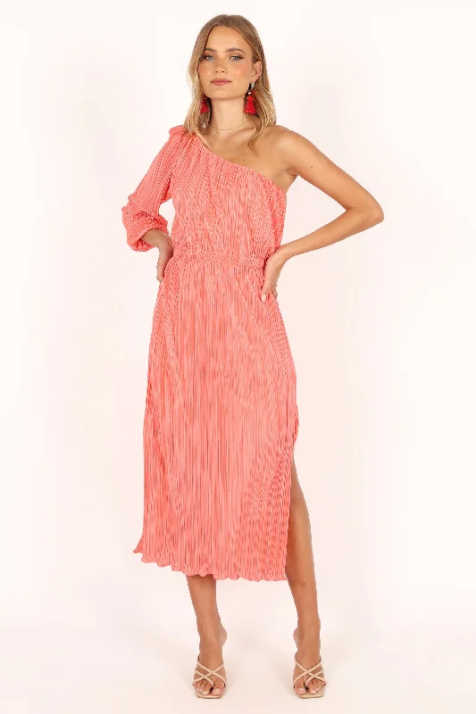 Pontee One Shoulder Pleated Midi Dress - Coral