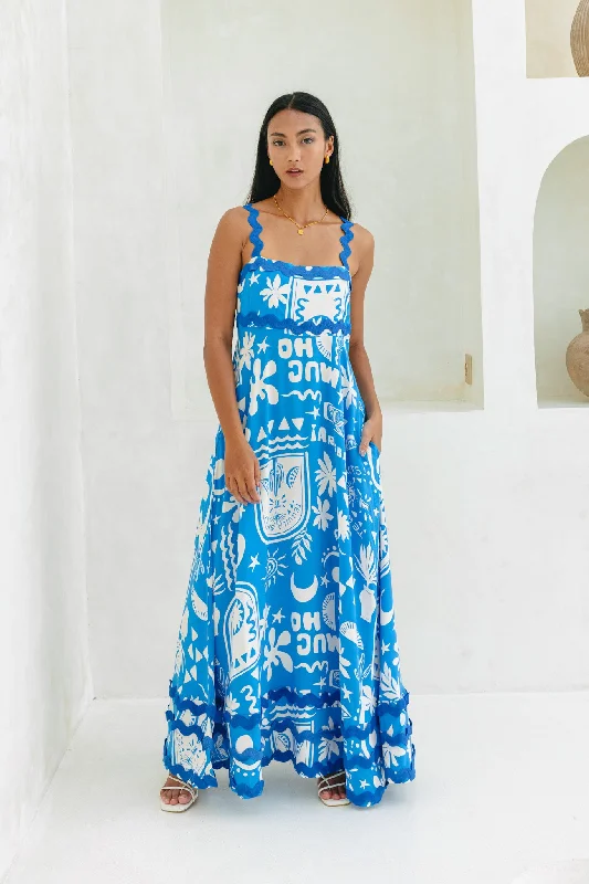 Soquila Blue Tropical Ric Rac Maxi Dress