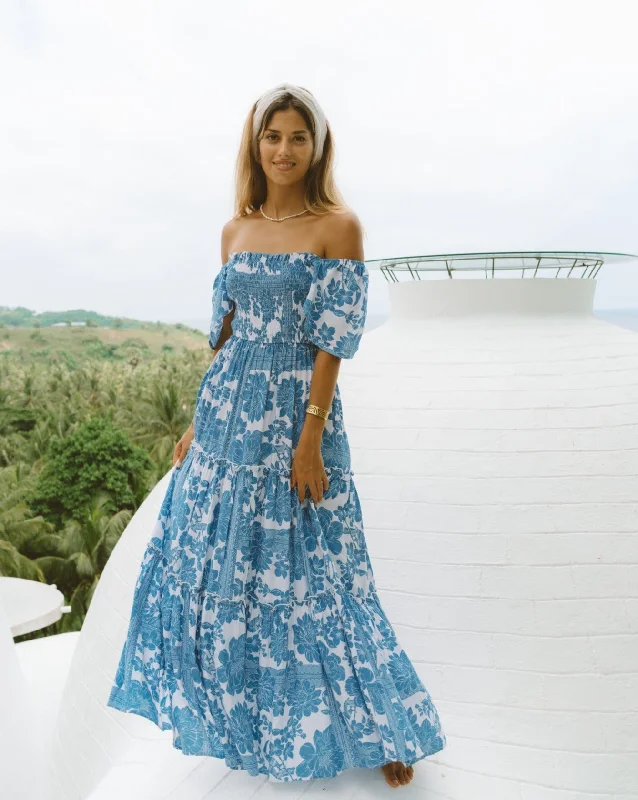 Tatiana Blue Floral Boho Tiered Maxi Dress