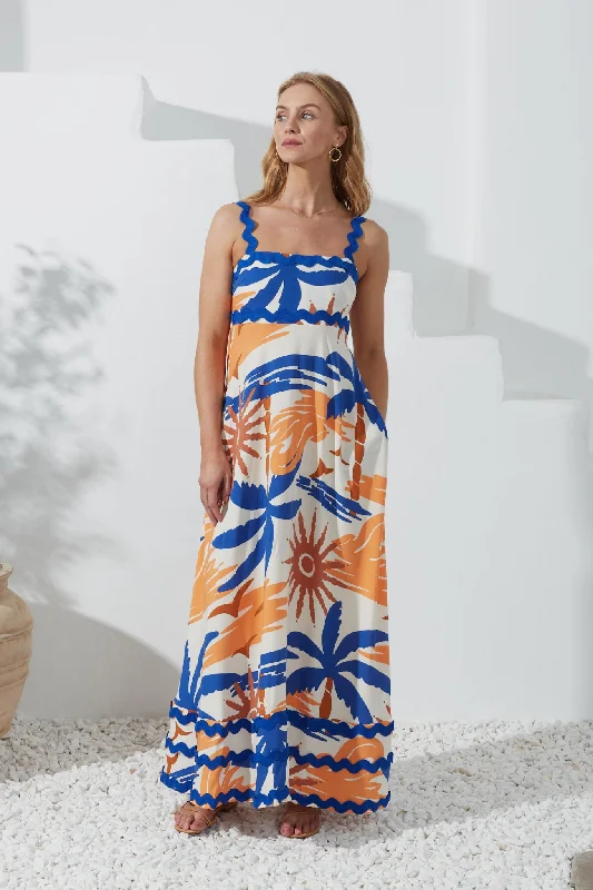 Tropicana Blue Orange Abstract Ric Rac Maxi Dress