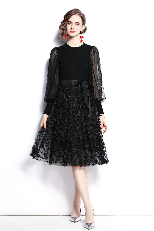 Black Cocktail & Party A-line Crewneck Long Sleeve Below Knee Dress