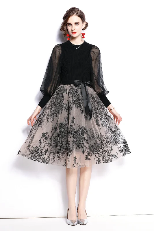 Black Cocktail & Party A-line Crewneck Long Sleeve Below Knee Printed Knee Dress with Belt