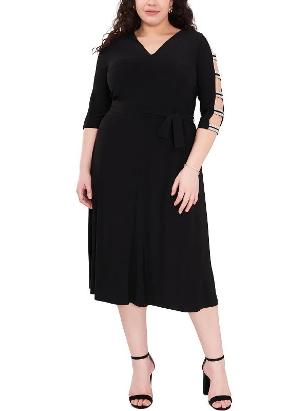 Plus Womens Knit Ladder Sleeves Cocktail and Party Dress