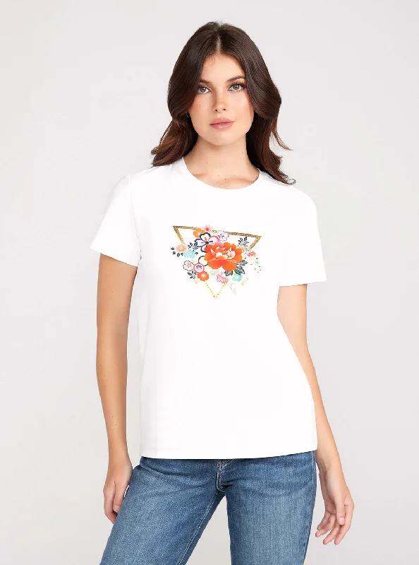 White Short Sleeve Flower Logo Easy T-Shirt