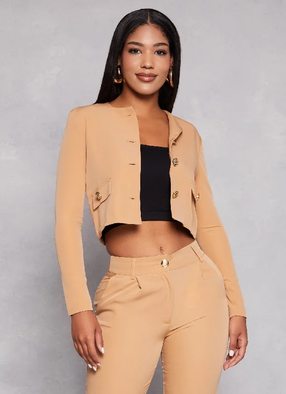 Crepe Knit  Button Front Cropped Blazer