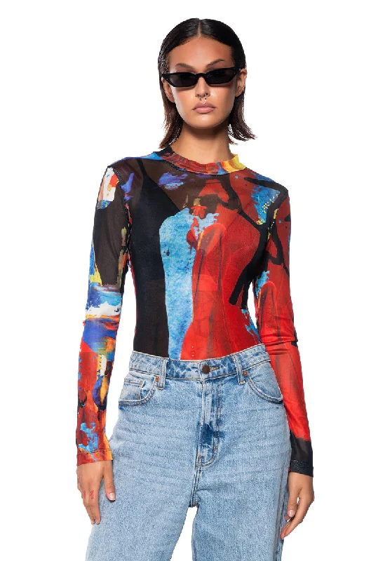 MODERN ART LONG SLEEVE MESH MOCK NECK BODYSUIT