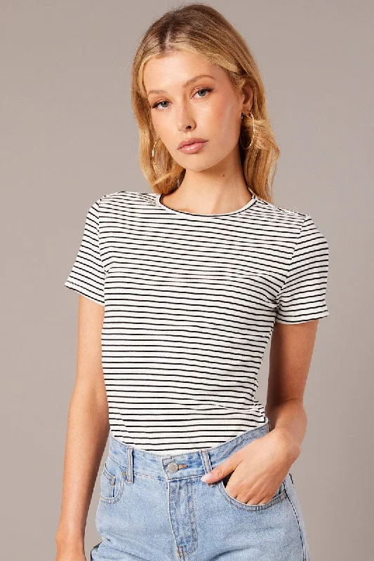 White Stripe Longline T Shirt Short Sleeve Crew Neck Rib Jersey