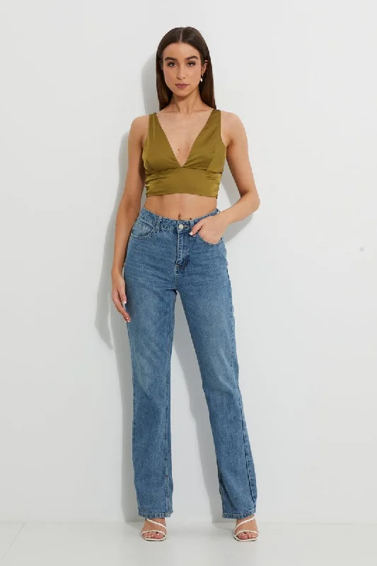 Green Designer Plunge Satin Crop Top