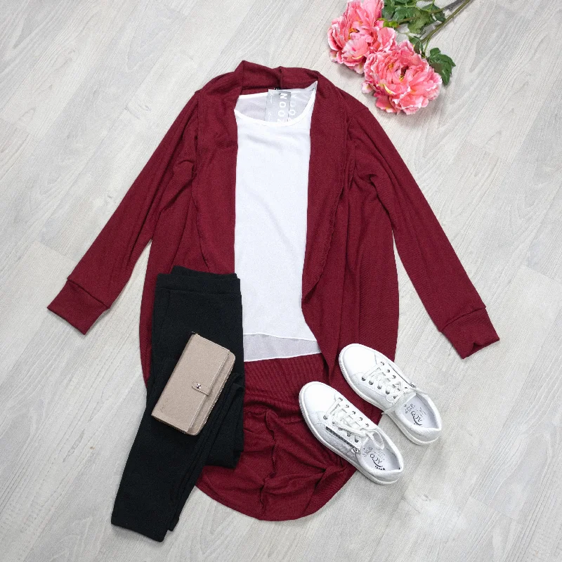 Wine - Ribbed Long Kimono Cardi